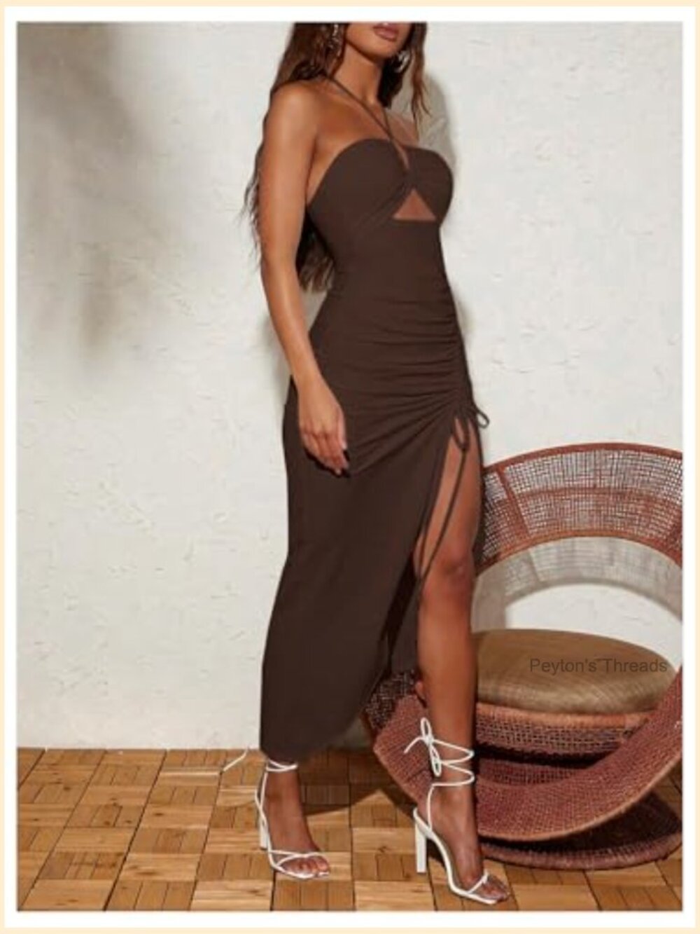 Cut Out Ruched Halter Bodycon Maxi Dress Drawstring Split Thigh - Picture 2 of 5